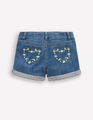 Denim Shorts - Vintage Embroidered Daisy