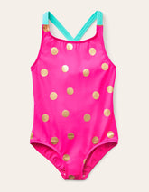 Cross - back Printed Swimsuit - Fuchsia Pink, Gold Foil Spot