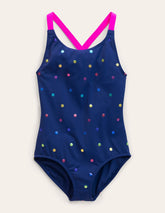 Cross - back Printed Swimsuit - Navy, Rainbow Foil Confetti