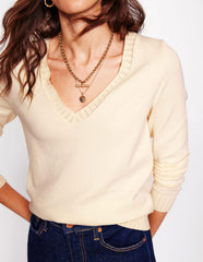 Emilia Cotton V Neck Sweater - Warm Ivory