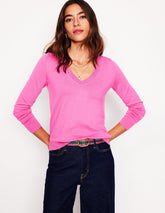 Emilia Cotton V Neck Sweater - Tickled Pink
