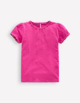 Ali Puff Sleeve Pom T-shirt - Flamingo Pink