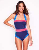 Santorini Halterneck Swimsuit - Navy/ Coral Punch Pink/ Blue