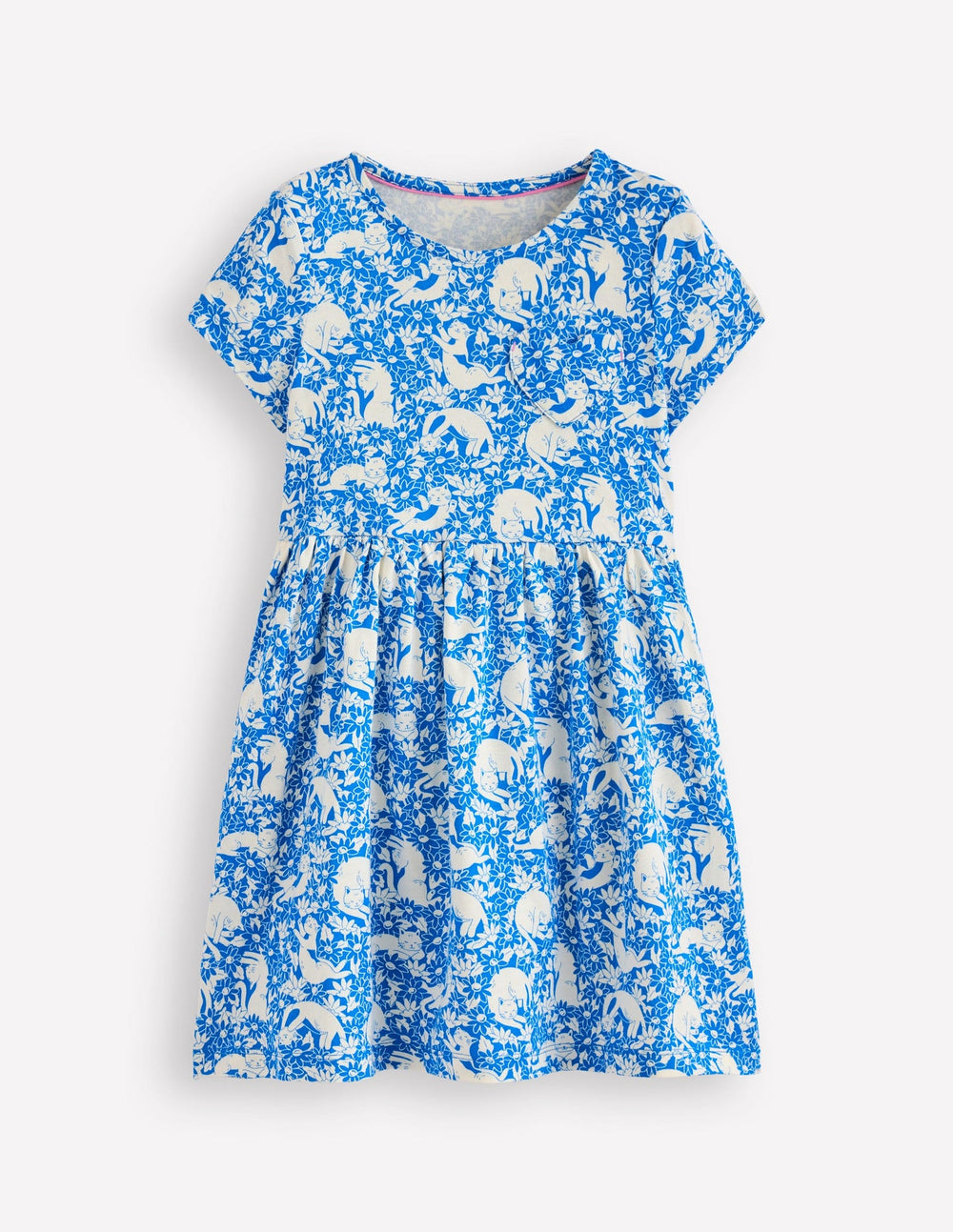 Heart Pocket Fun Jersey Dress - Kingfisher Blue Kitten Meadow