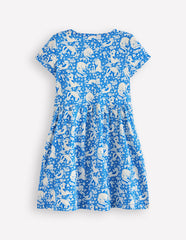 Heart Pocket Fun Jersey Dress - Kingfisher Blue Kitten Meadow