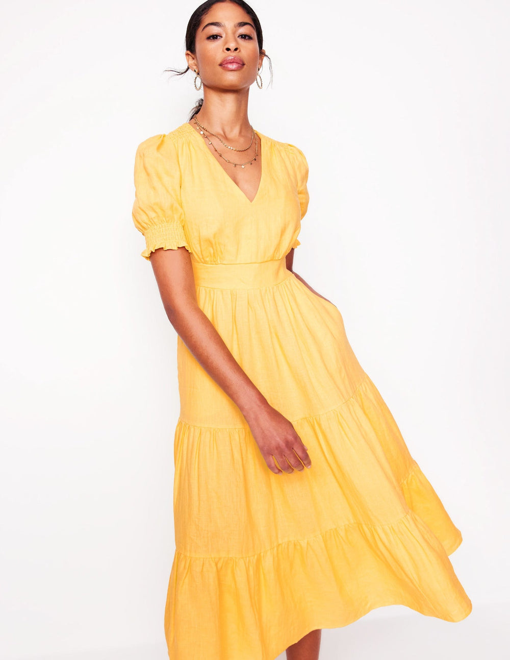 Anna Linen Tiered Midi Dress - Buttermilk Yellow