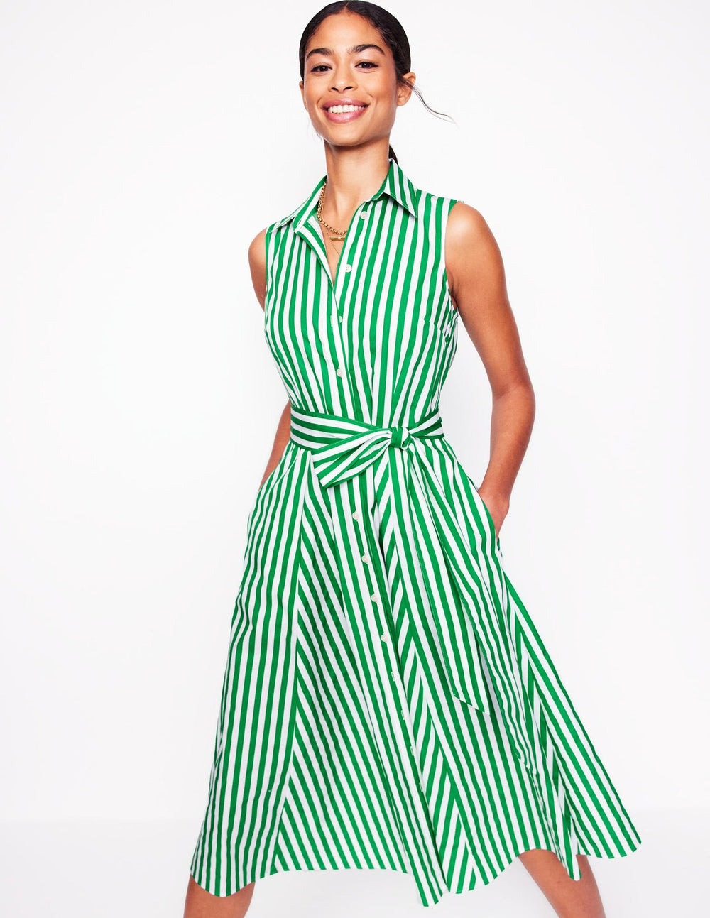 Amy Sleeveless Shirt Dress - Rich Emerald Stripe
