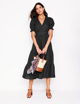 Anna Linen Tiered Midi Dress - Black