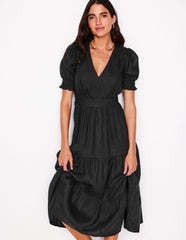 Anna Linen Tiered Midi Dress - Black