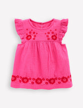 Double Cloth Frill Sleeve Top - Sorbet Pink Embroidered