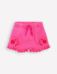 Double Cloth Frill Hem Shorts - Sorbet Pink Embroidered