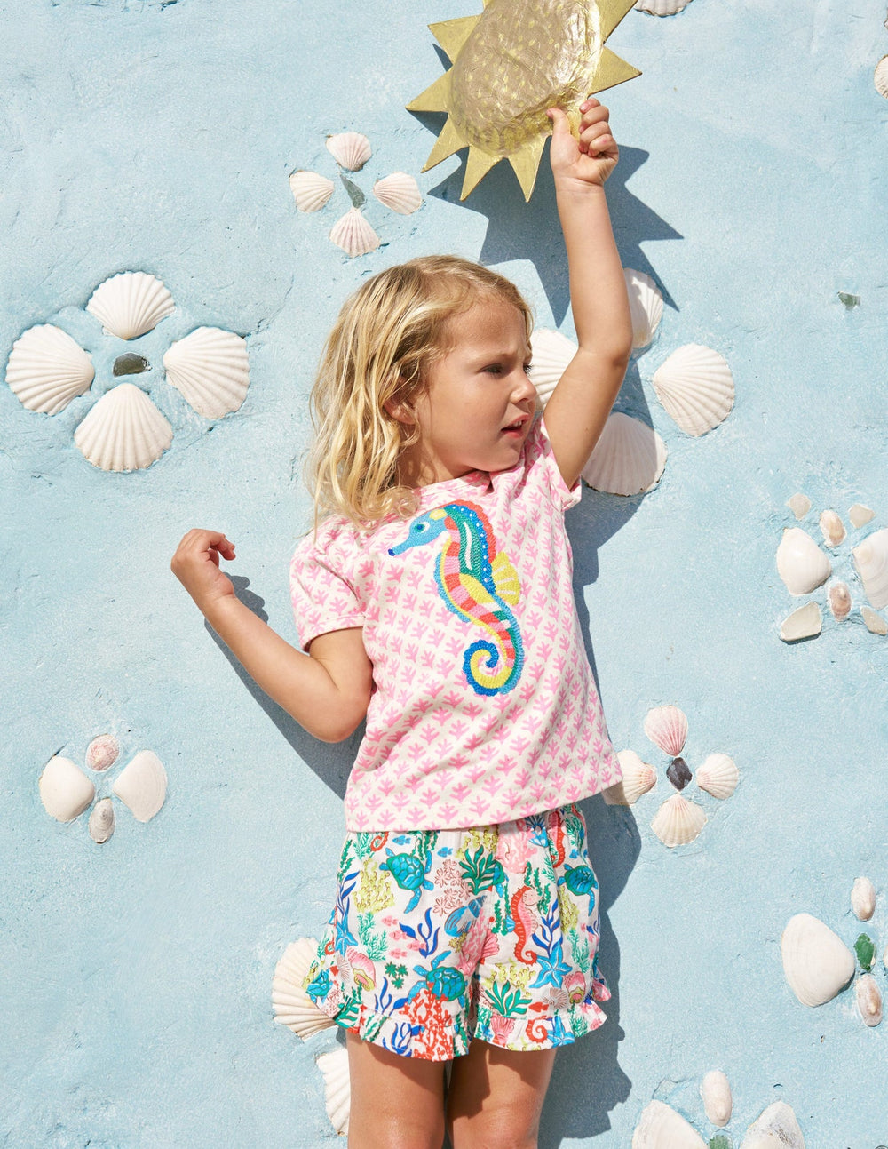 Puff Sleeve Superstitch Top - Pink Woodblock Seahorse