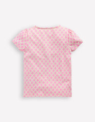 Puff Sleeve Superstitch Top - Pink Woodblock Seahorse