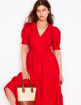Anna Linen Tiered Midi Dress - Poppy Red