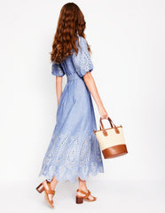 Puff Sleeve Embroidered Dress - Grey Blue Chambray