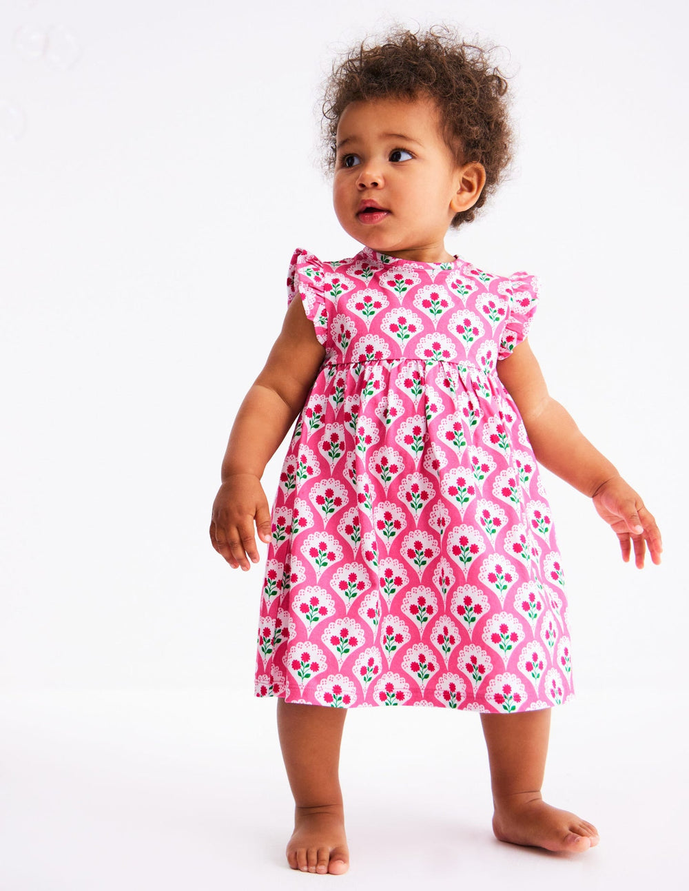 Jersey Frill Sleeve Dress - Pink Rose Woodblock Floral