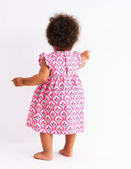 Jersey Frill Sleeve Dress - Pink Rose Woodblock Floral