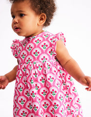 Jersey Frill Sleeve Dress - Pink Rose Woodblock Floral