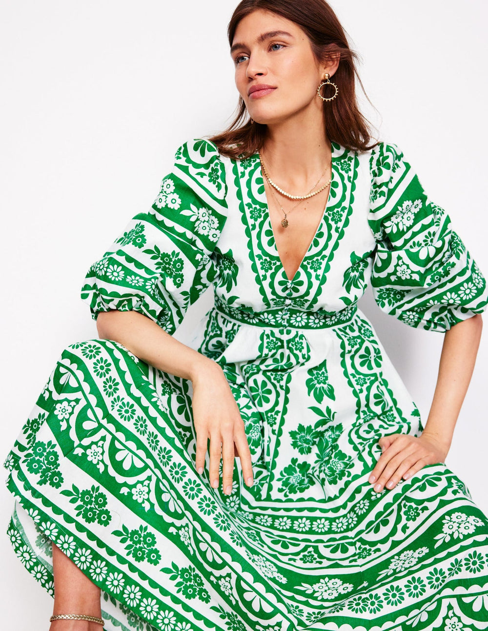 Lola Blouson Maxi Dress - Rich Emerald, Ornate Tropics