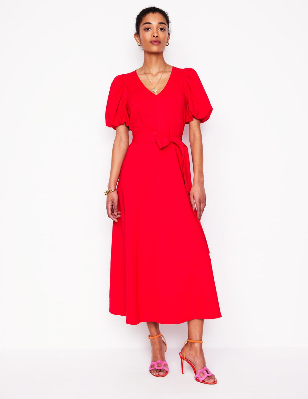 Volume Sleeve Midi Dress - Poppy Red