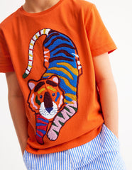 Chain Stitch T-shirt - Hot Coral tiger