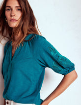 Cutwork Notch Neck Top - Deep Sea Green