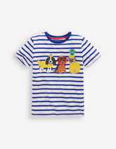 Short Sleeve Appliqué T-shirt - Bright Blue Stripe Fruit Dogs