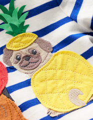 Short Sleeve Appliqué T-shirt - Bright Blue Stripe Fruit Dogs