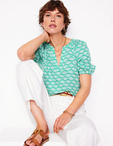 Brooke Linen Top - Aquamarine, Deco Palm