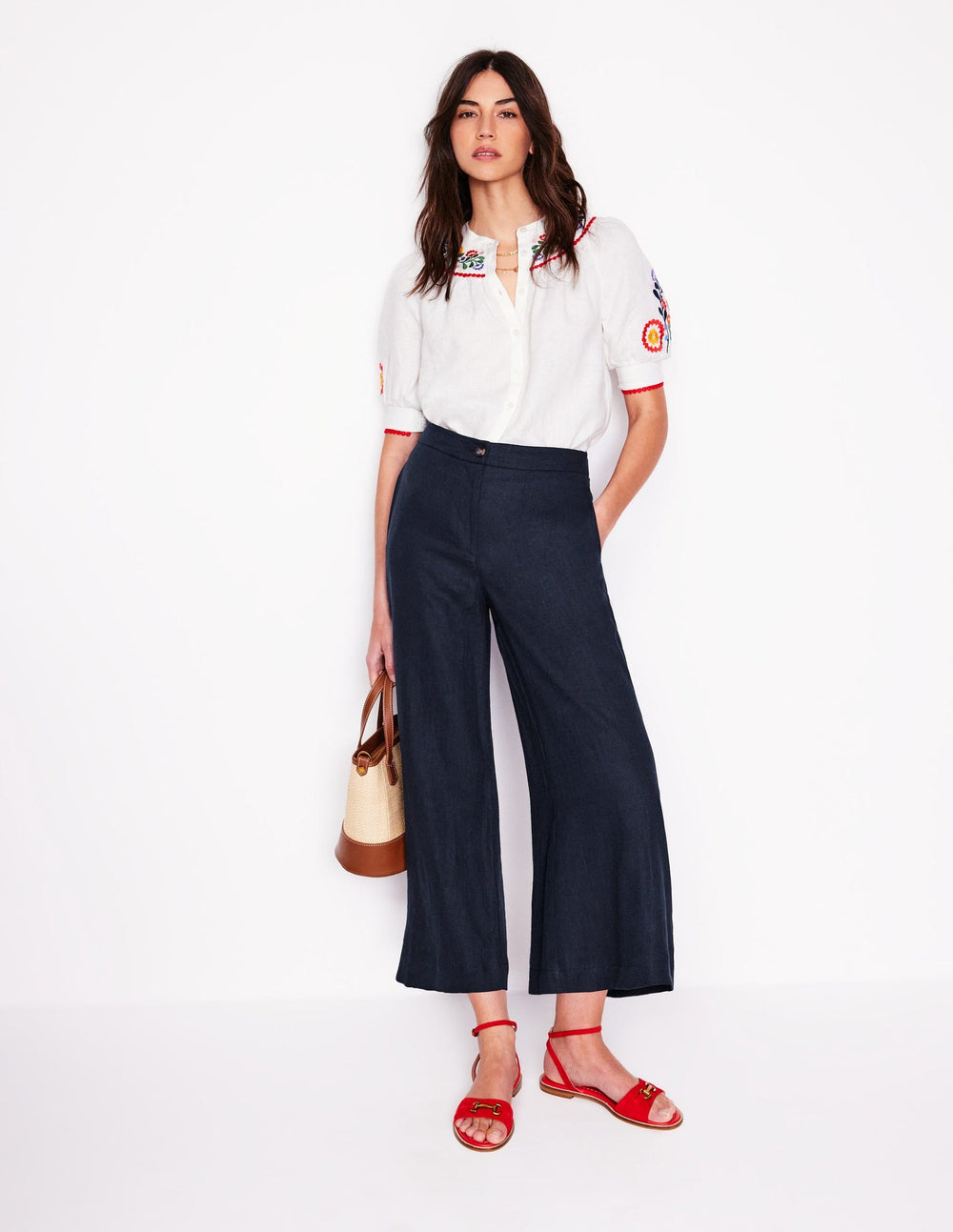 Wide Crop Linen Pants - Navy