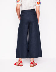 Wide Crop Linen Pants - Navy