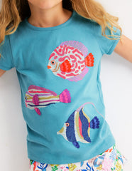 Puff Sleeve Superstitch Top - Aqua Sea Blue Fish
