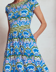 Melanie Jersey Midi Dress - Kingfisher Blue, Freesia Stamp