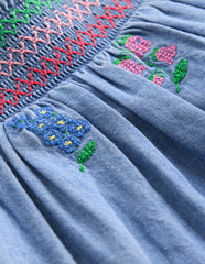 Smocked Woven Top - Chambray Cross Stitch Flowers