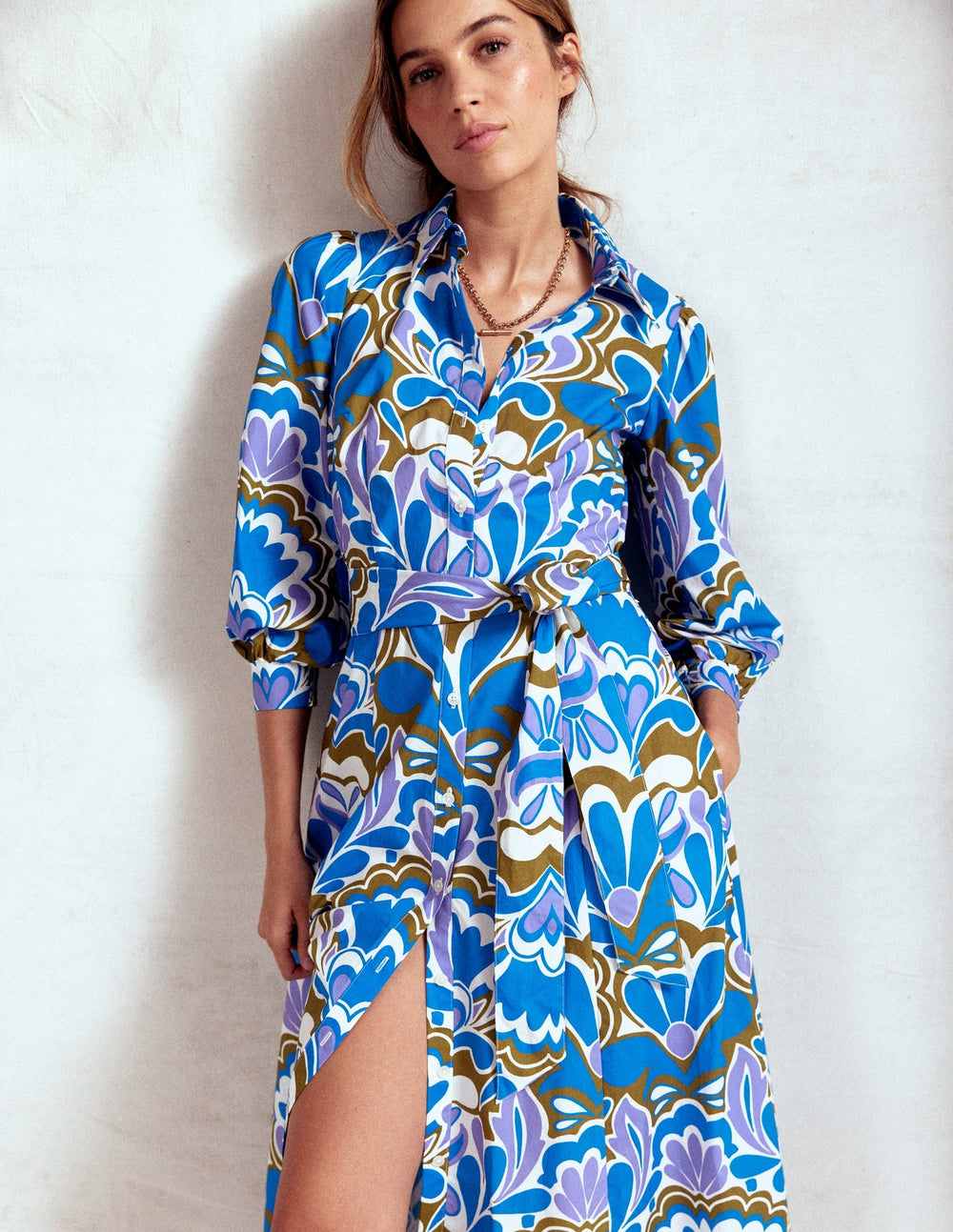 Clara Cotton Shirt Dress - Kingfisher Blue, Freesia Stamp