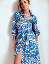 Clara Cotton Shirt Dress - Kingfisher Blue, Freesia Stamp
