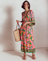 Maya Kimono Jersey Maxi Dress - Pink Rose, Foliage Trail