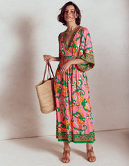 Maya Kimono Jersey Maxi Dress - Pink Rose, Foliage Trail