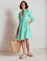 Esme Linen Short Dress - Aquamarine Blue, Deco Palm