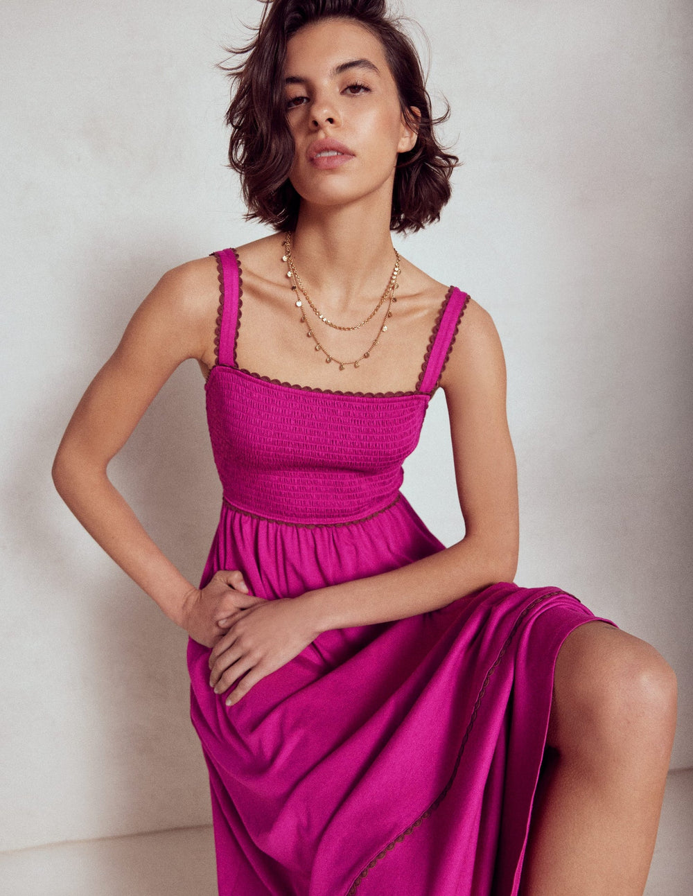 Smocked Trim Maxi Dress - Fuchsia