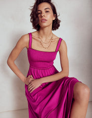 Smocked Trim Maxi Dress - Fuchsia