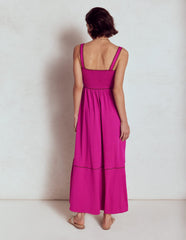Smocked Trim Maxi Dress - Fuchsia