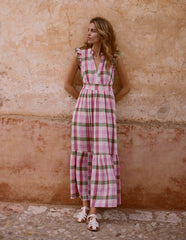 Wren Double Cloth Midi Dress - Pink and Green Multigingham