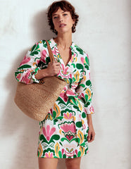 Cleo Linen Tie Waist Dress - Multi, Freesia Stamp