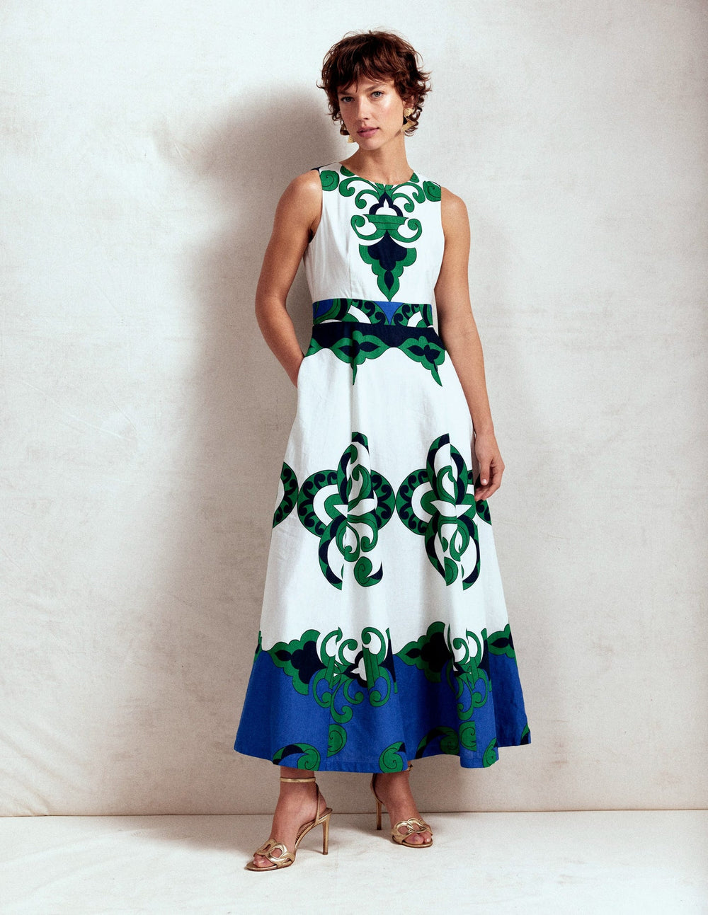 Sleeveless Linen Blend Dress - Ivory, Ornate Reflection