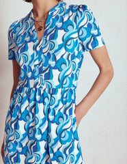 Naomi Short Sleeve Dress - Blue, Abstract Swirl