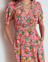 Rosie Godet Tea Dress - Pink Rose, Foliage Trail