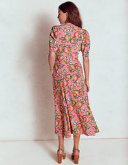 Rosie Godet Tea Dress - Pink Rose, Foliage Trail