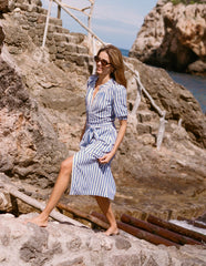Ada Double Cloth Midi Dress - Bright Blue Stripe