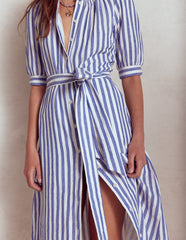 Ada Double Cloth Midi Dress - Bright Blue Stripe